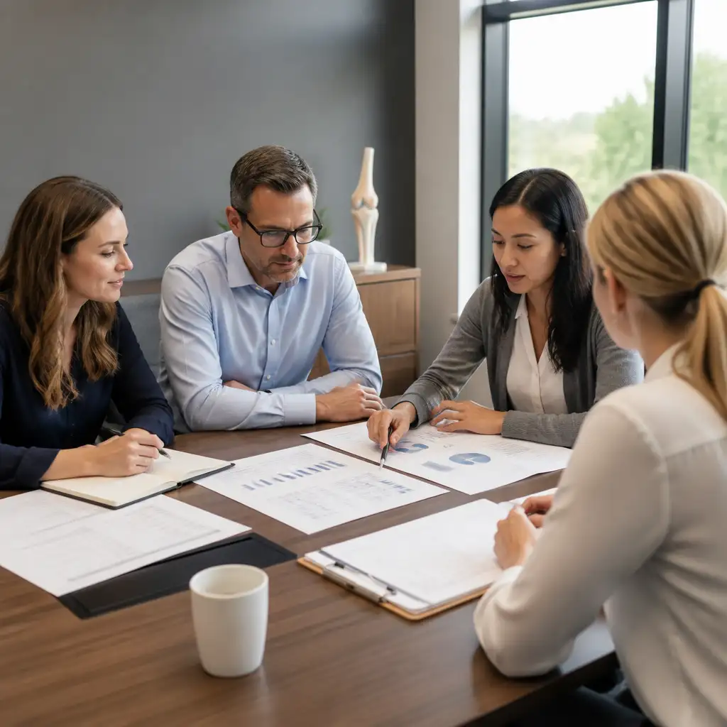 Four professionals reviewing charts and documents at conference table