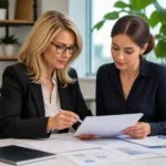 Two women reviewing documents at office desk