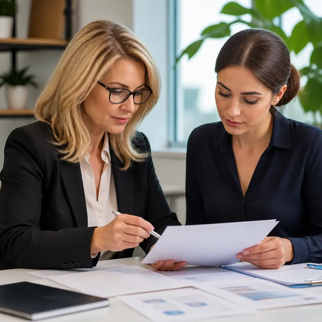 Two women reviewing documents at office desk