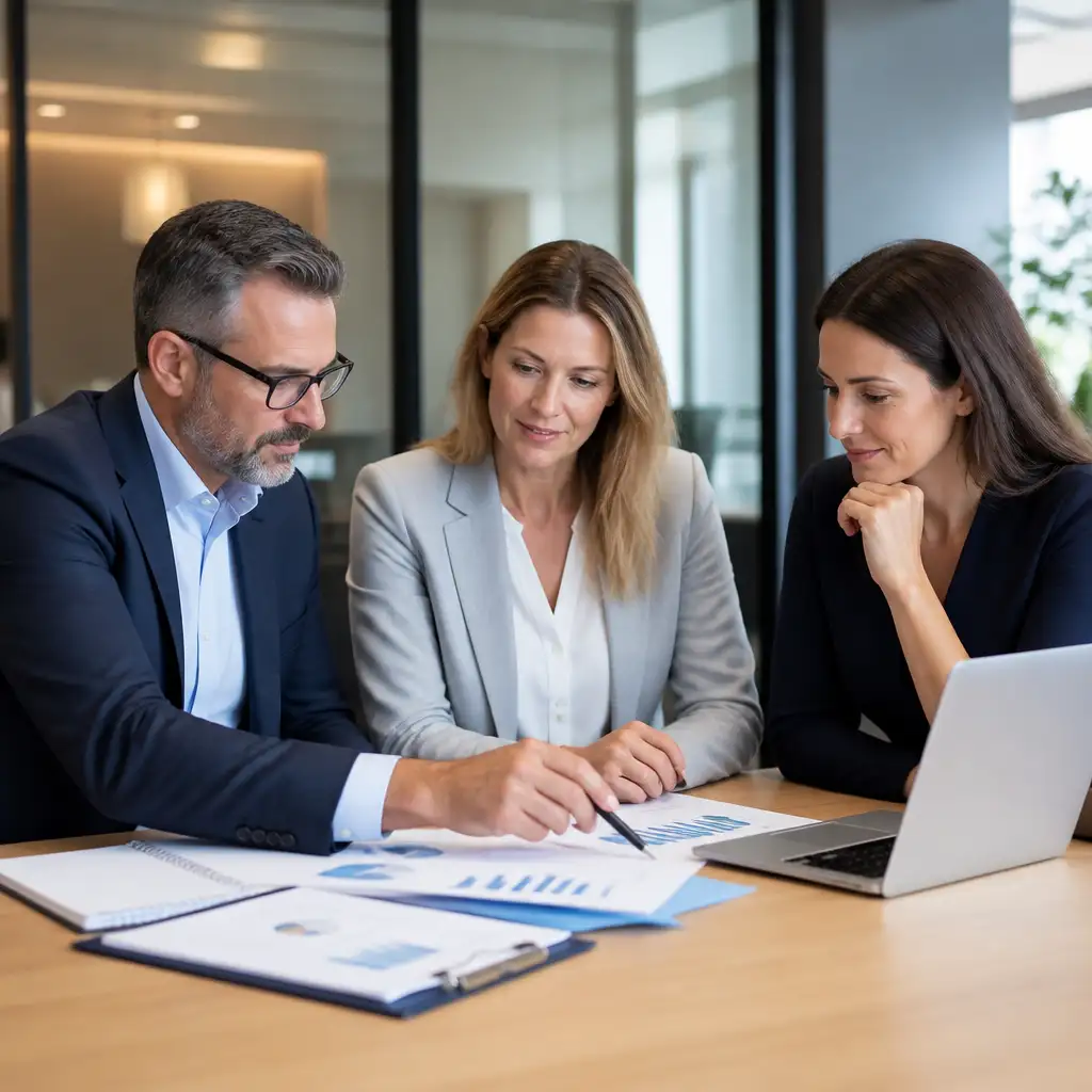 Three professionals reviewing charts and laptop at conference table