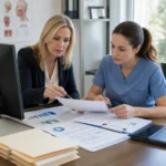 Two women at desk reviewing printed charts and documents