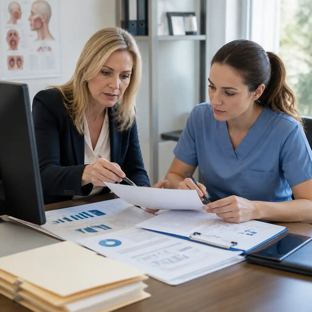 Two women at desk reviewing printed charts and documents