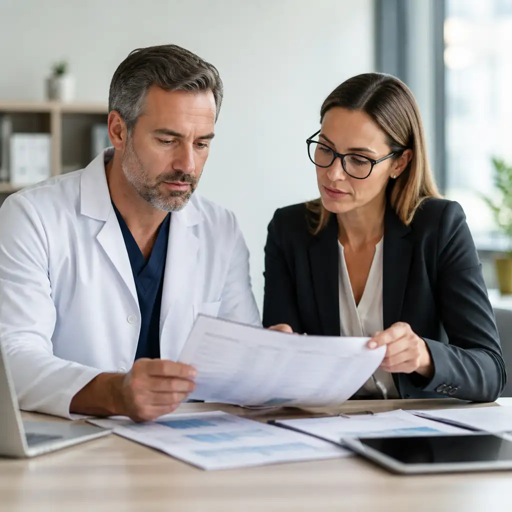 Doctor and woman in blazer reviewing documents at desk