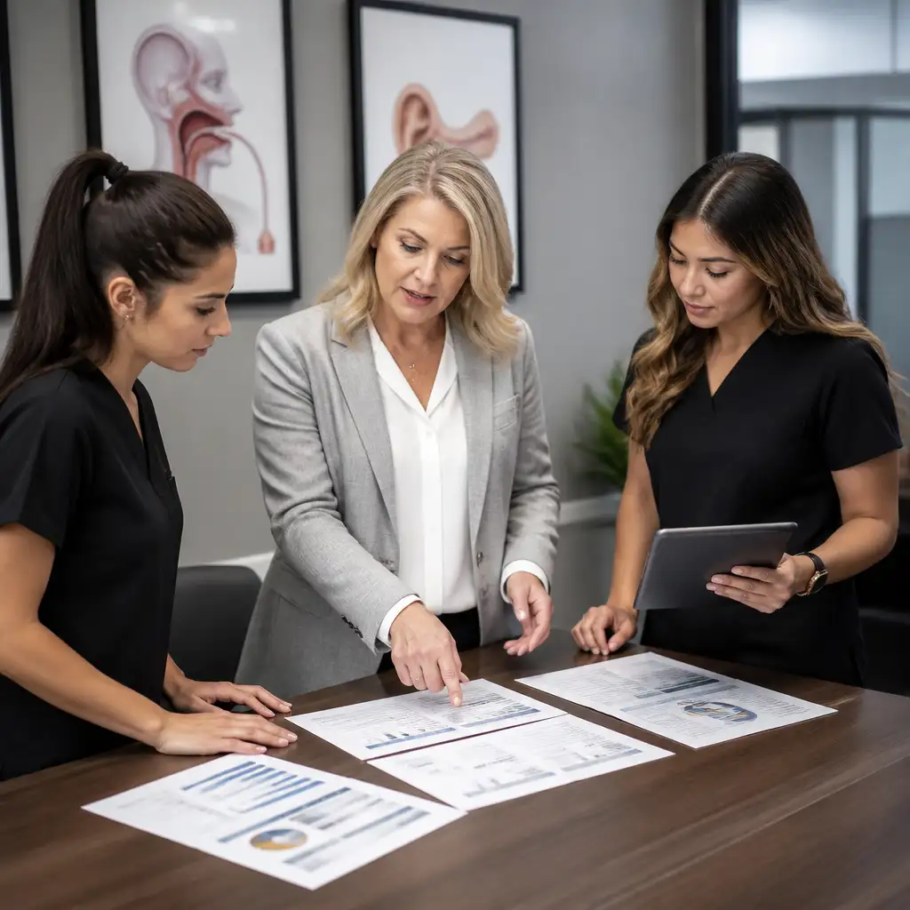Three women reviewing printed reports and a tablet at table