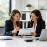 Two women in business attire reviewing a document at desk