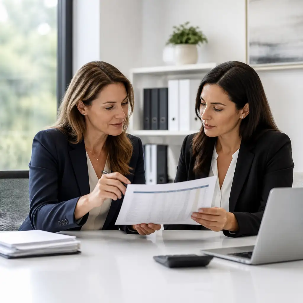 Two women in business attire reviewing a document at desk