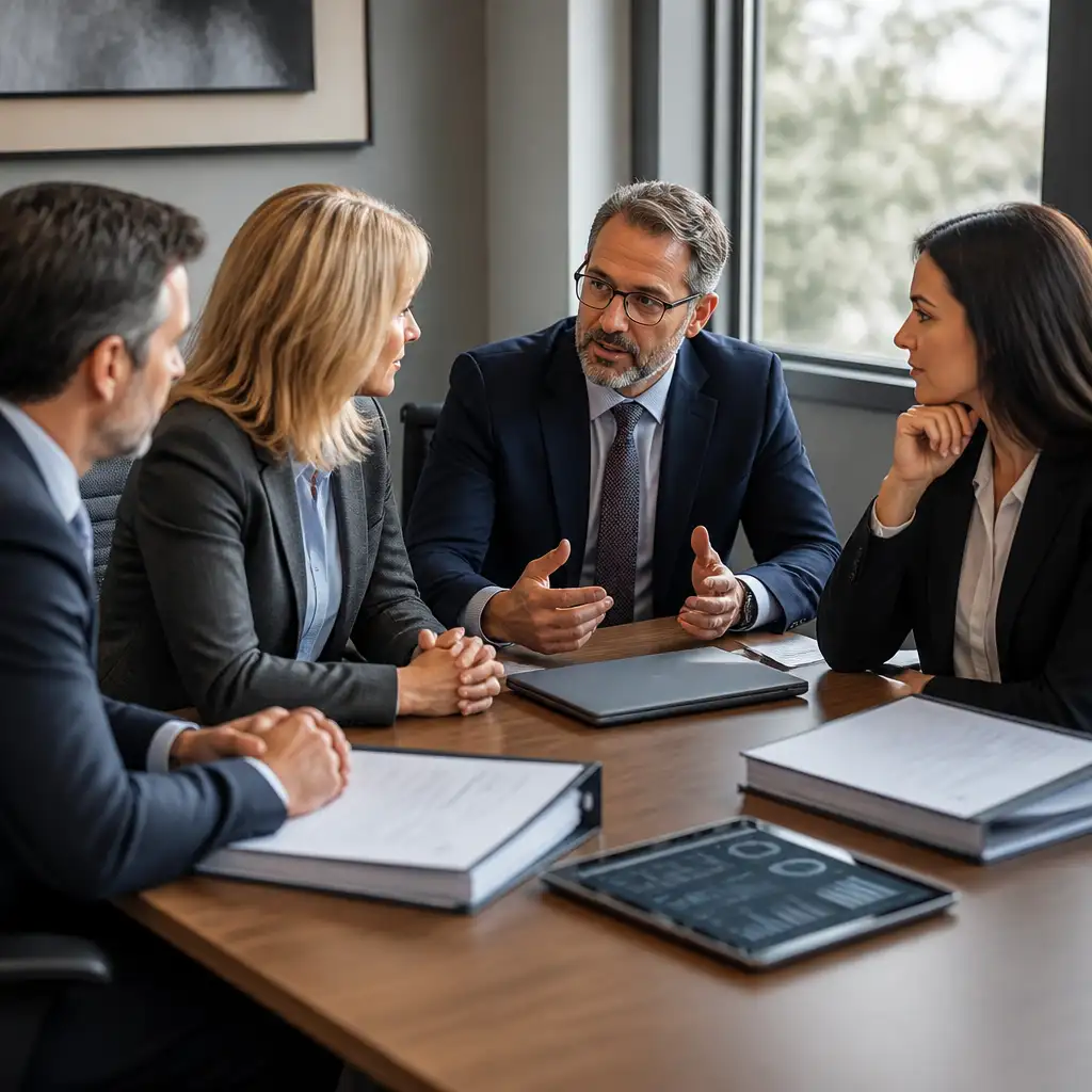 Four professionals in suits meeting around a table with documents