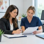 Two women reviewing papers together at office desk