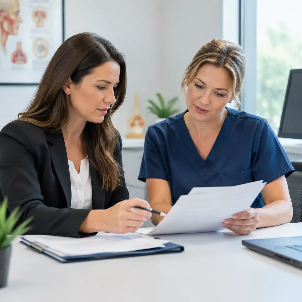 Two women reviewing papers together at office desk
