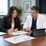Woman in blazer and man in white coat reviewing charts