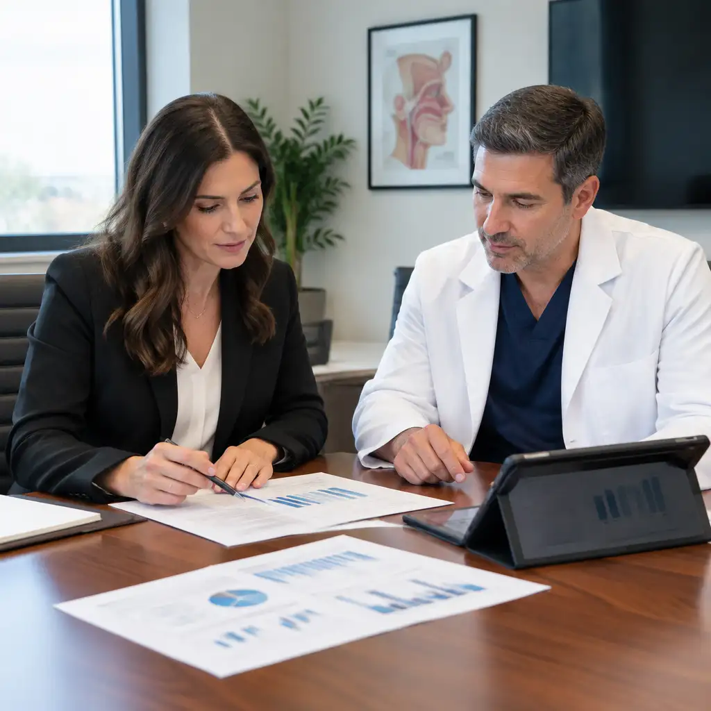 Woman in blazer and man in white coat reviewing charts
