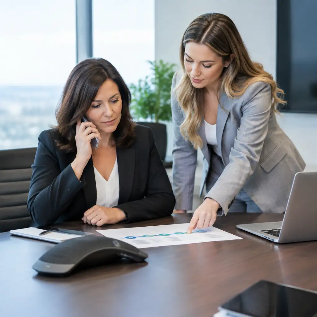 Two businesswomen at conference table, one on phone, one pointing