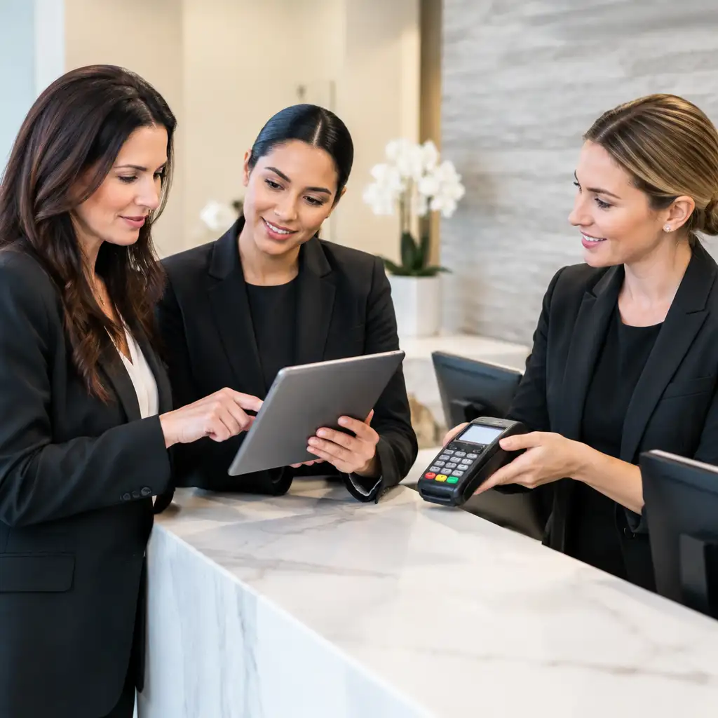 Three women in suits reviewing tablet while holding card terminal