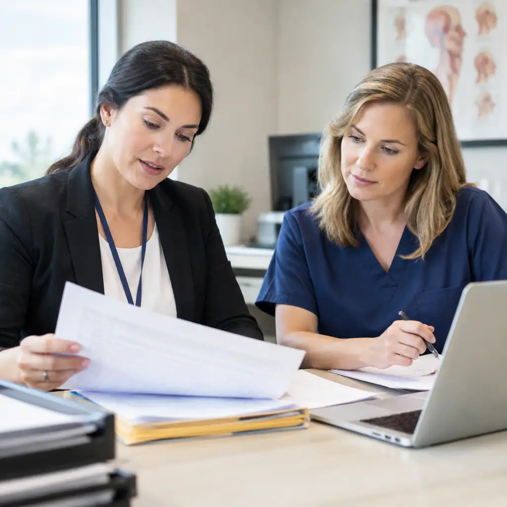 Two women reviewing paperwork at desk with laptop