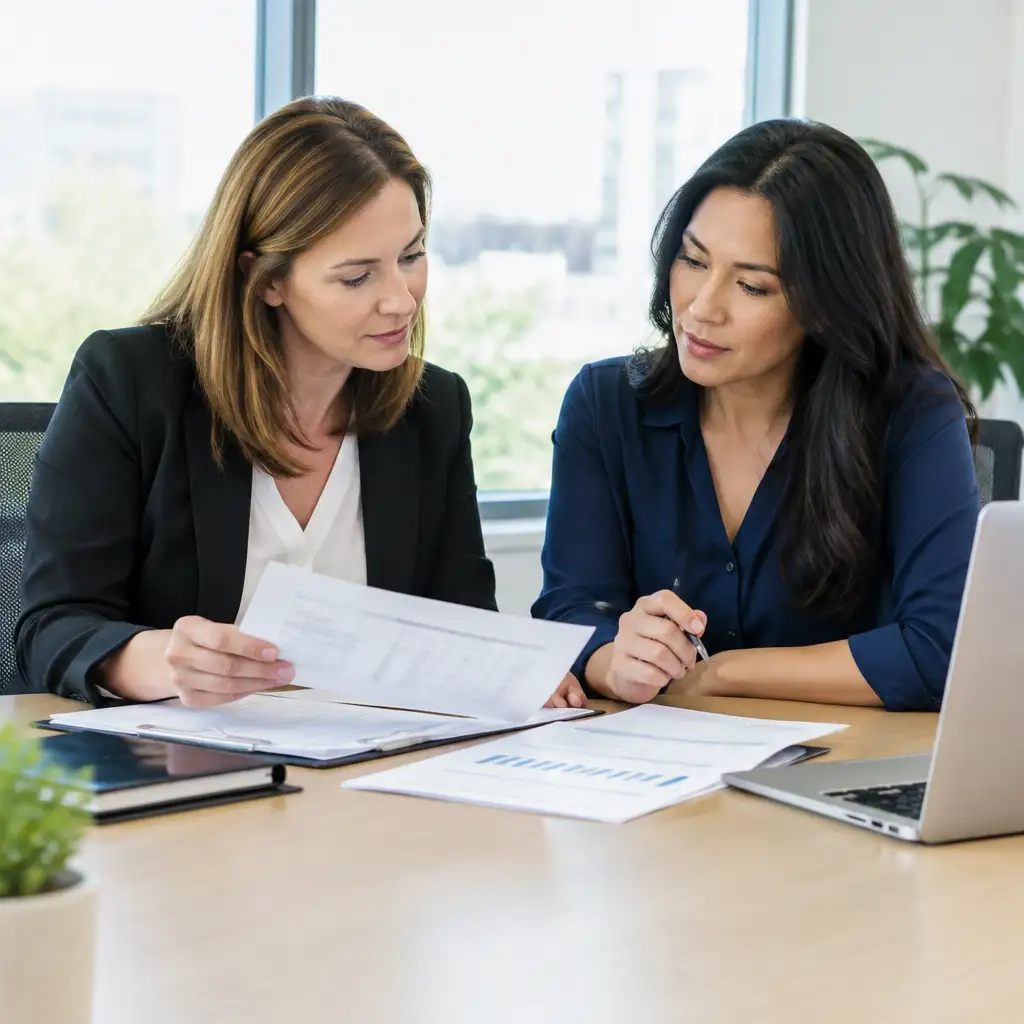 Two women in business attire reviewing documents at desk