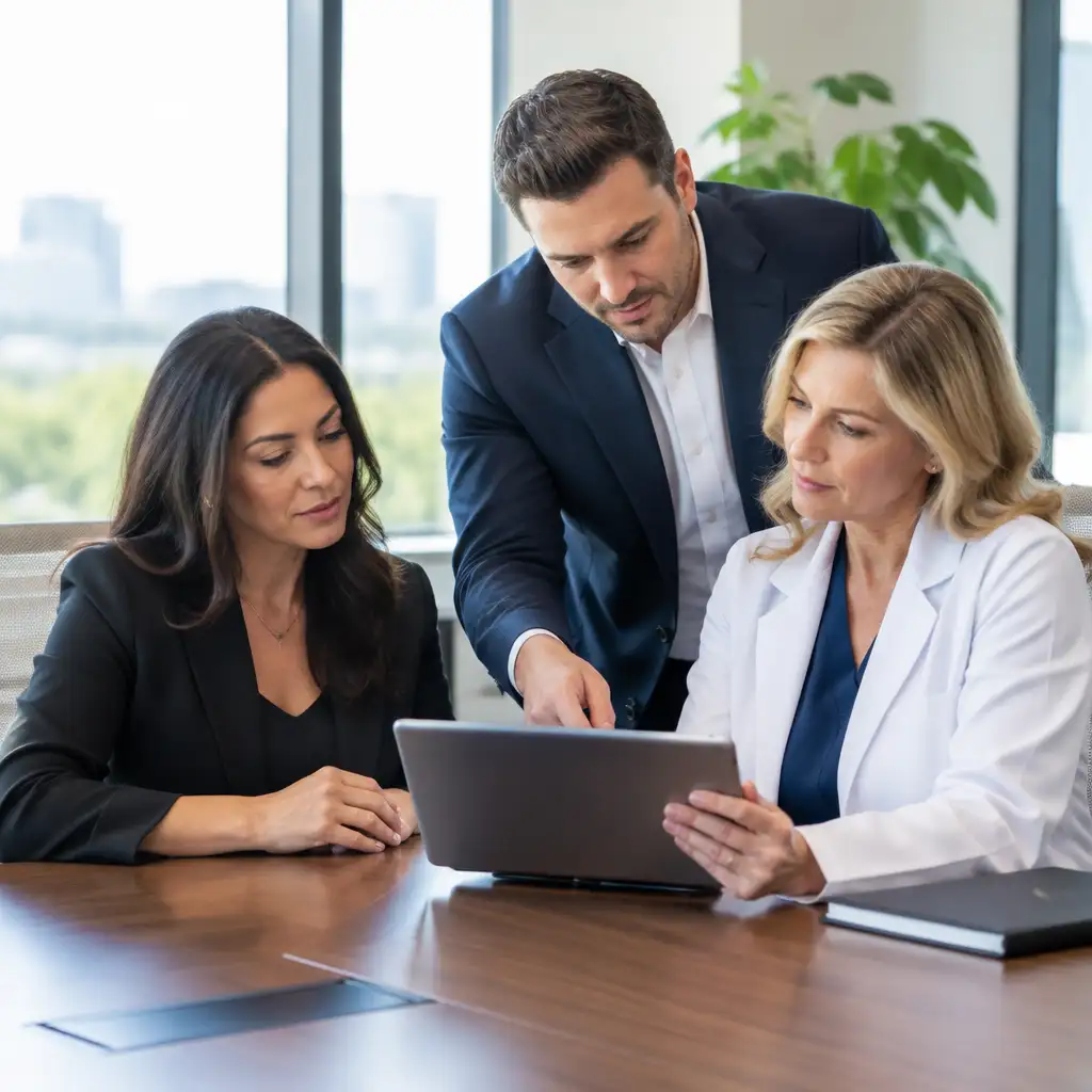 Three professionals reviewing a tablet at a conference table