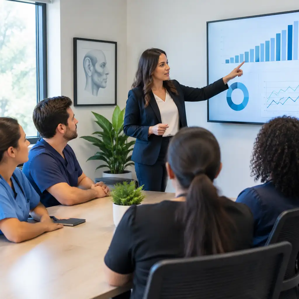 Woman pointing at wall charts while people sit and watch