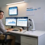 Woman at desk checking billing dashboard and charts.