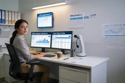 Woman at desk checking billing dashboard and charts.