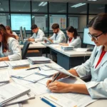 Medical staff completing paperwork in clinical office