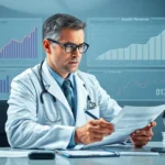 Doctor reviewing documents with charts in background