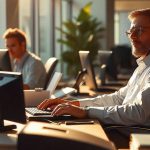 Man wearing headset working on computer in a bright office