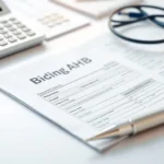 Invoice document with calculator and pen on desk
