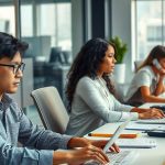 Team of professionals working on computers in a modern office