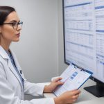 Female doctor reviewing patient data on computer and clipboard.