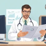 Doctor reviewing reports at desk with computer and charts.