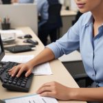 lady worker is working on the laptop