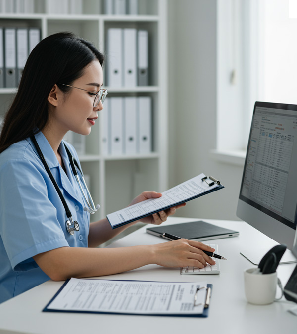 Doctor reviewing forms at desk with computer