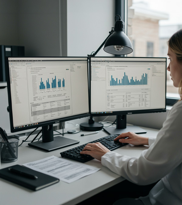 Professional analyzing data on dual computer screens.