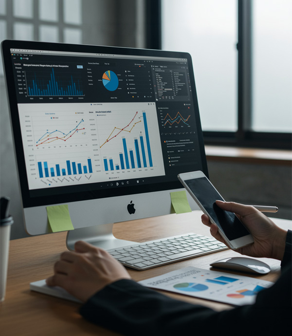 Person analyzing data on MacBook and holding smartphone