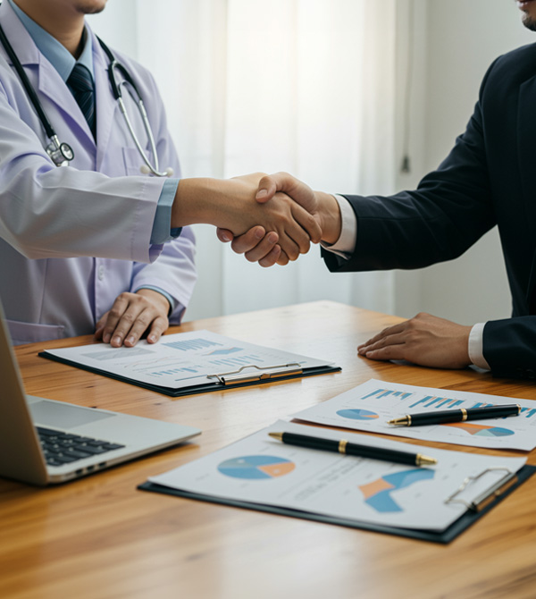 Doctor and businessman shaking hands over documents.