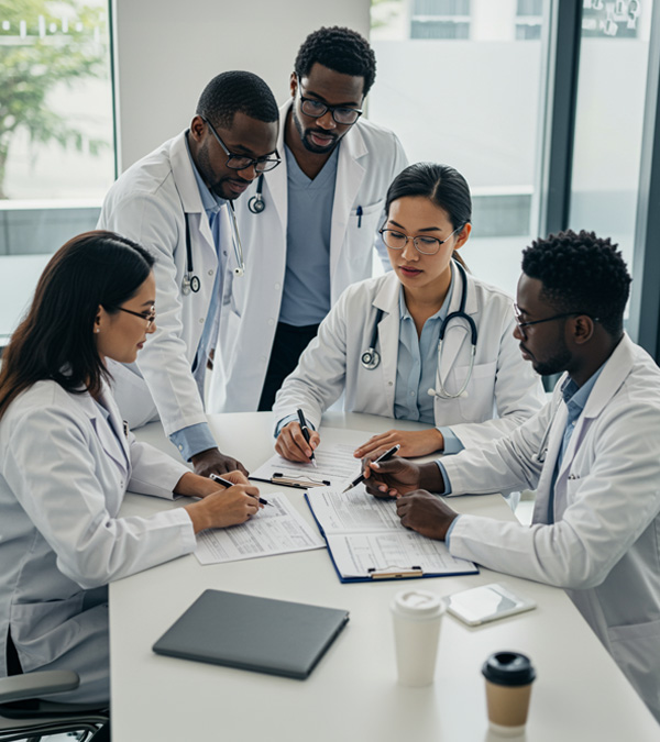 Group of doctors reviewing medical paperwork together