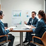 Team reviewing business charts during office meeting
