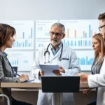 Medical team discussing charts in modern office meeting room.