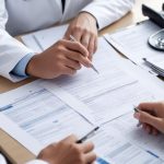 Doctors reviewing medical forms at a desk with stethoscope.