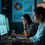 Two women analyzing data charts on computers in a dim office