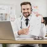 Doctor in headset having online scientific discussion