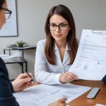 Businesswomen discussing billing report during office meeting