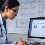 Doctor analyzing medical charts on a computer screen.