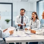 Doctors discussing reports during medical team meeting