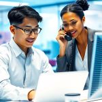 Two colleagues collaborating on a laptop in a modern office