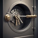 Close-up of a safe's lock and keys