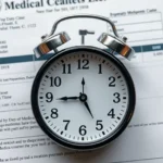 Alarm clock on medical document with time details
