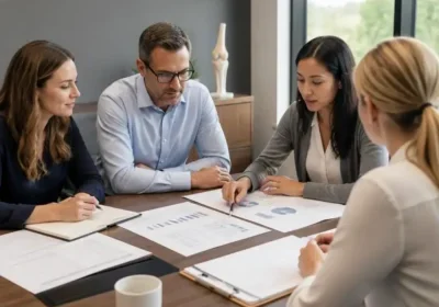 Four professionals reviewing charts and documents at conference table