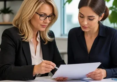 Two women reviewing documents at office desk