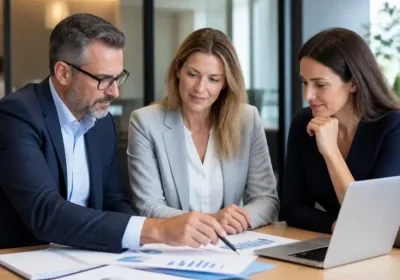 Three professionals reviewing charts and laptop at conference table